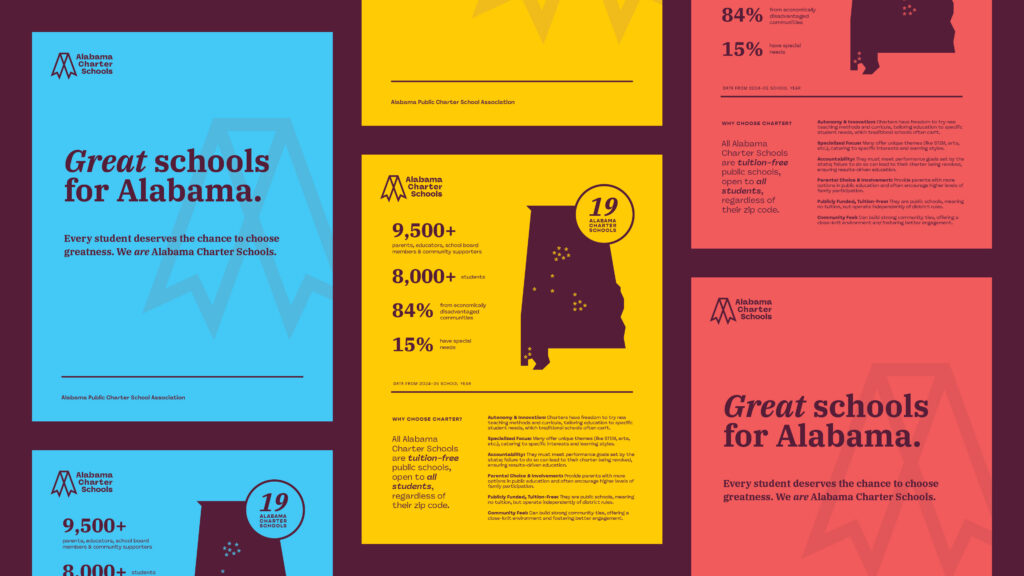 One page handouts about Alabama Charter Schools. The handouts are laid out in a grid and on blue, yellow and red paper.
