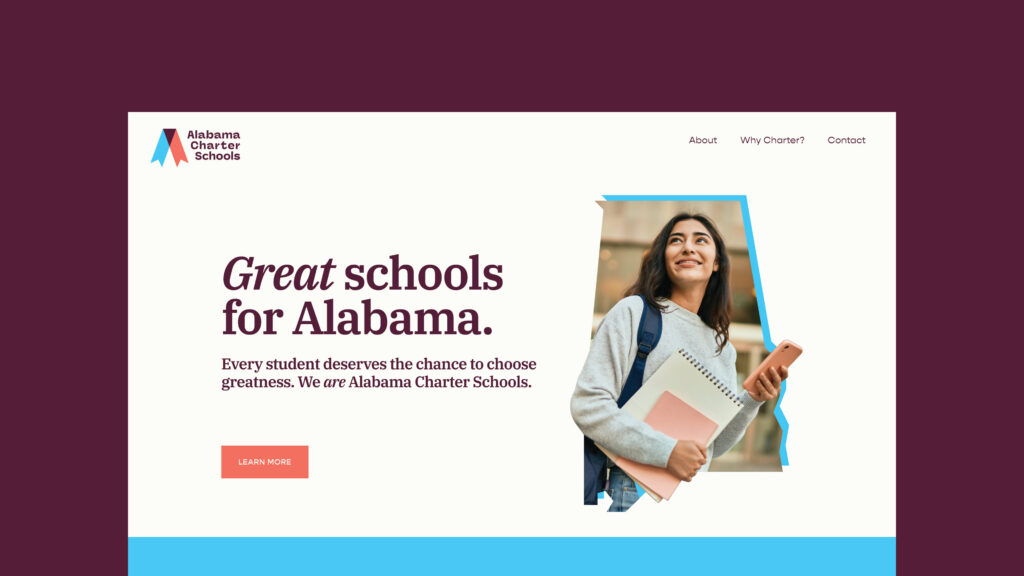 The Alabama Charter Schools website hero area featuring an image of a student holding her notebooks and phone.